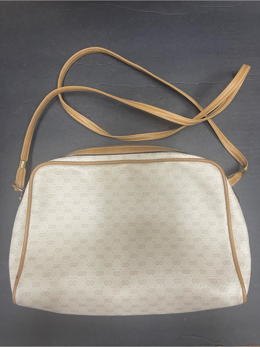 Gucci Beige Monogram Crossbody with Tan Leather Trim and Strap